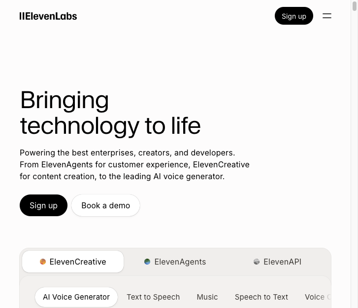Screenshot of the official ElevenLabs website