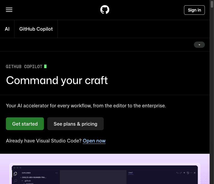 Screenshot of the official GitHub Copilot website