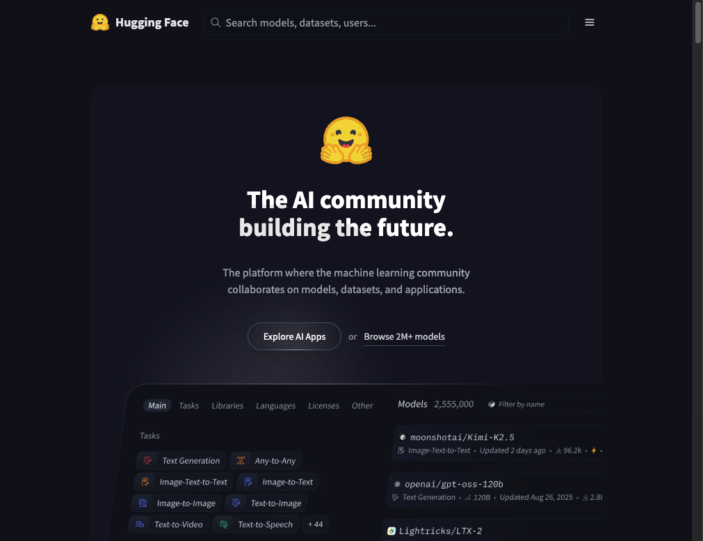 Screenshot of the official Hugging Face website