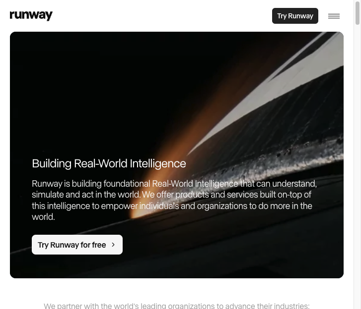 Screenshot of the official Runway website